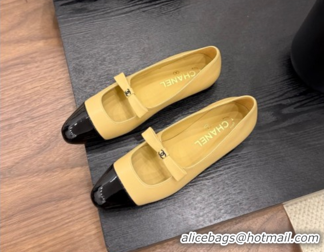 Sumptuous Chanel Lambskin & Patent Calfskin Mary Janes Ballet Flats with Bow Beige 2025 CH090109