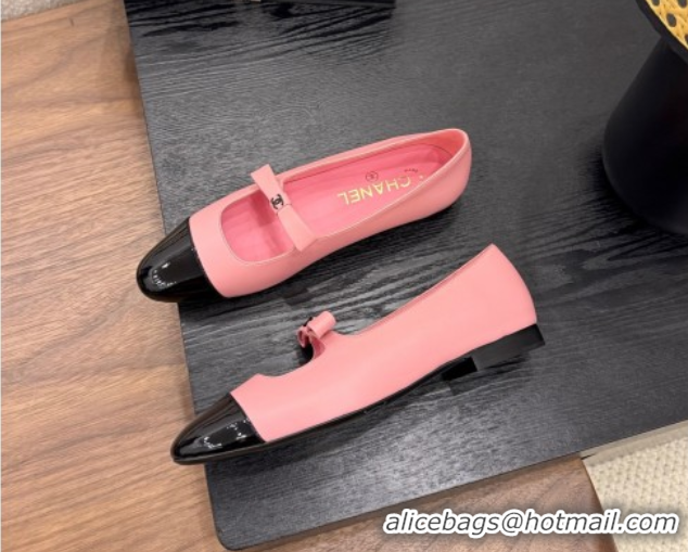 Good Product Chanel Lambskin & Patent Calfskin Mary Janes Ballet Flats with Bow Pink 2025 CH090109