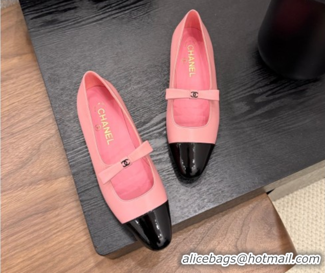 Good Product Chanel Lambskin & Patent Calfskin Mary Janes Ballet Flats with Bow Pink 2025 CH090109