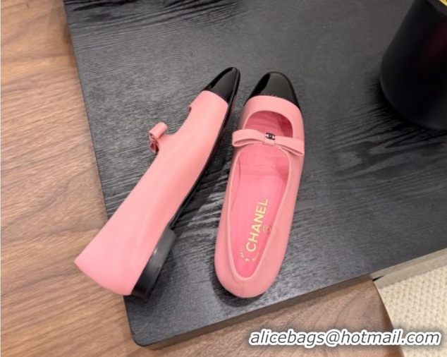 Good Product Chanel Lambskin & Patent Calfskin Mary Janes Ballet Flats with Bow Pink 2025 CH090109