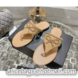 Cheap Price Chanel Lambskin Leather Flat Slides Sandal with Chain Bow Beige 2025 CH090110