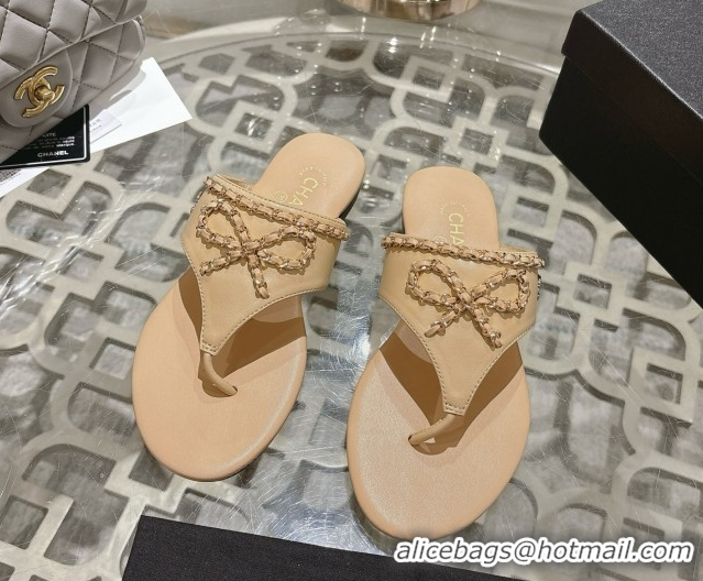 Cheap Price Chanel Lambskin Leather Flat Slides Sandal with Chain Bow Beige 2025 CH090110