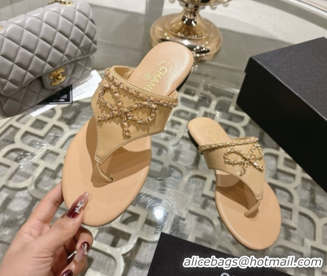 Cheap Price Chanel Lambskin Leather Flat Slides Sandal with Chain Bow Beige 2025 CH090110
