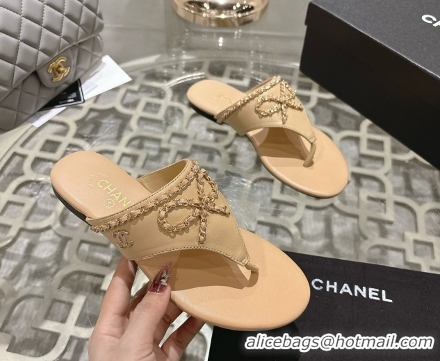 Cheap Price Chanel Lambskin Leather Flat Slides Sandal with Chain Bow Beige 2025 CH090110