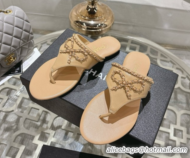 Cheap Price Chanel Lambskin Leather Flat Slides Sandal with Chain Bow Beige 2025 CH090110