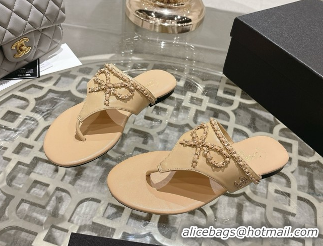 Cheap Price Chanel Lambskin Leather Flat Slides Sandal with Chain Bow Beige 2025 CH090110