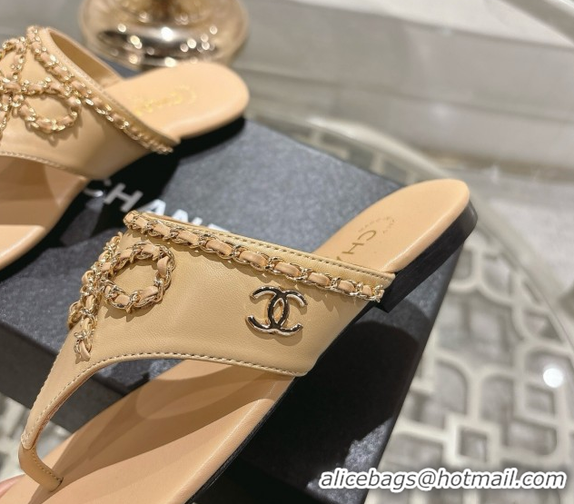 Cheap Price Chanel Lambskin Leather Flat Slides Sandal with Chain Bow Beige 2025 CH090110