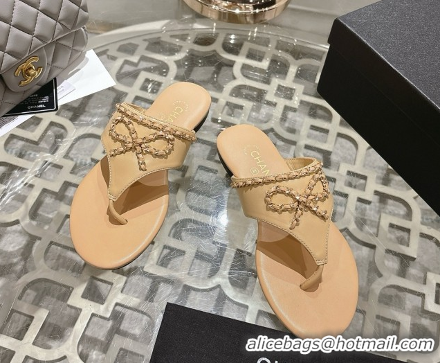 Cheap Price Chanel Lambskin Leather Flat Slides Sandal with Chain Bow Beige 2025 CH090110
