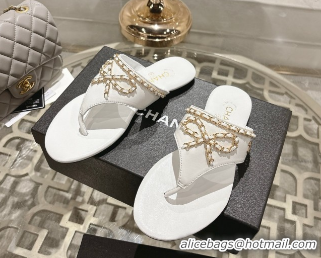 Hot Style Chanel Lambskin Leather Flat Slides Sandal with Chain Bow White 2025 CH090110