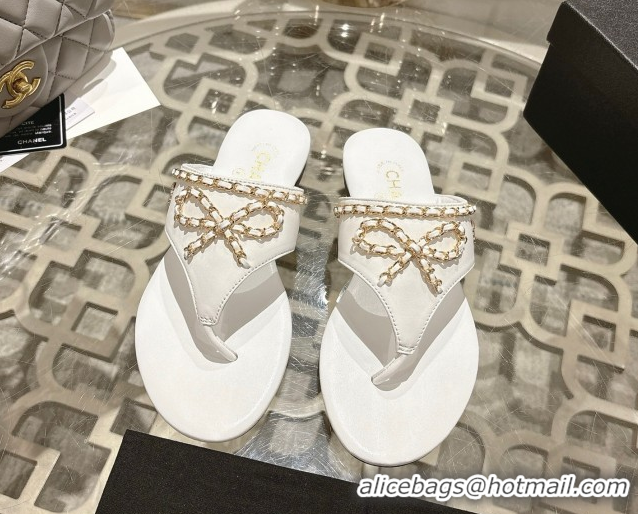 Hot Style Chanel Lambskin Leather Flat Slides Sandal with Chain Bow White 2025 CH090110