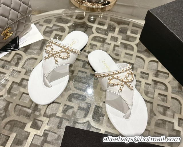 Hot Style Chanel Lambskin Leather Flat Slides Sandal with Chain Bow White 2025 CH090110