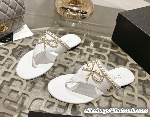 Hot Style Chanel Lambskin Leather Flat Slides Sandal with Chain Bow White 2025 CH090110