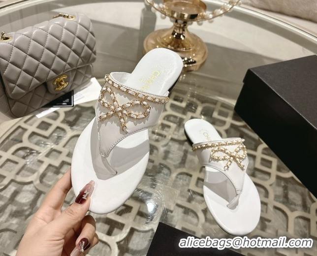 Hot Style Chanel Lambskin Leather Flat Slides Sandal with Chain Bow White 2025 CH090110