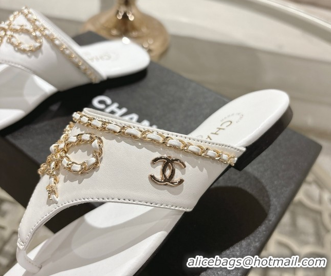 Hot Style Chanel Lambskin Leather Flat Slides Sandal with Chain Bow White 2025 CH090110