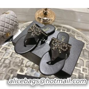 Trendy Design Chanel Lambskin Leather Flat Slides Sandal with Chain Bow Black 2025 CH090110