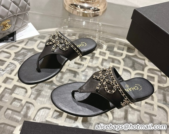 Trendy Design Chanel Lambskin Leather Flat Slides Sandal with Chain Bow Black 2025 CH090110