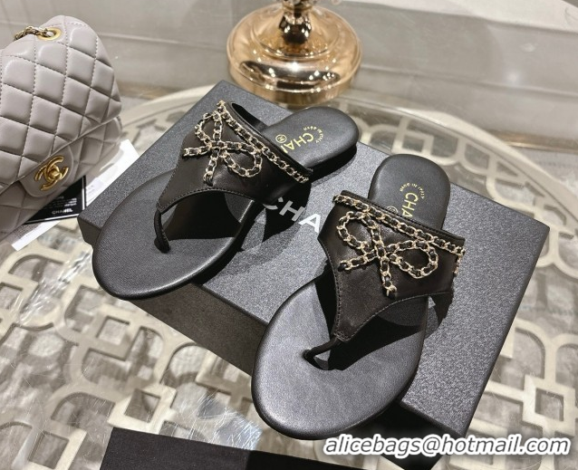 Trendy Design Chanel Lambskin Leather Flat Slides Sandal with Chain Bow Black 2025 CH090110