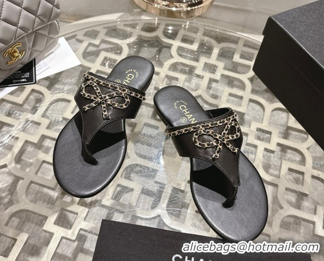 Trendy Design Chanel Lambskin Leather Flat Slides Sandal with Chain Bow Black 2025 CH090110