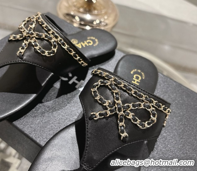 Trendy Design Chanel Lambskin Leather Flat Slides Sandal with Chain Bow Black 2025 CH090110