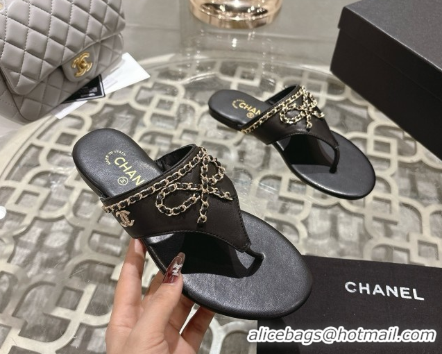 Trendy Design Chanel Lambskin Leather Flat Slides Sandal with Chain Bow Black 2025 CH090110