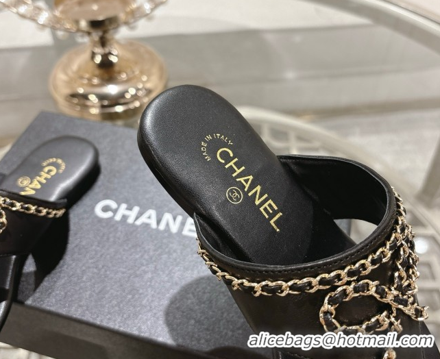Trendy Design Chanel Lambskin Leather Flat Slides Sandal with Chain Bow Black 2025 CH090110