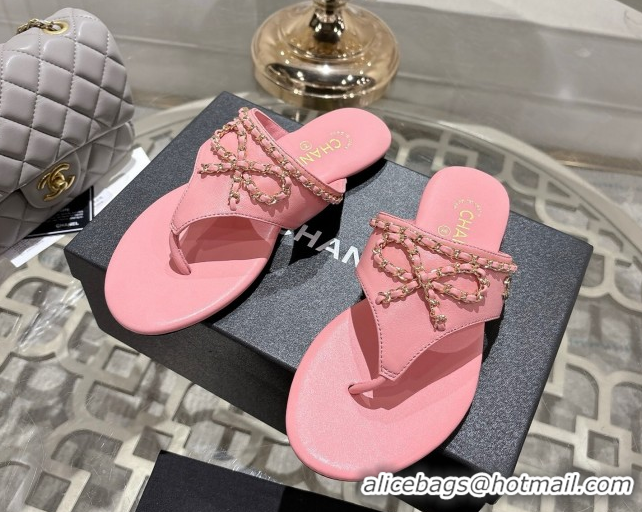 Discount Chanel Lambskin Leather Flat Slides Sandal with Chain Bow Pink 2025 CH090110