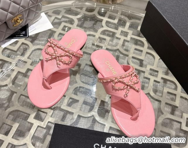 Discount Chanel Lambskin Leather Flat Slides Sandal with Chain Bow Pink 2025 CH090110