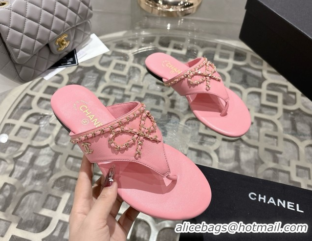 Discount Chanel Lambskin Leather Flat Slides Sandal with Chain Bow Pink 2025 CH090110