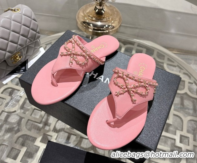 Discount Chanel Lambskin Leather Flat Slides Sandal with Chain Bow Pink 2025 CH090110