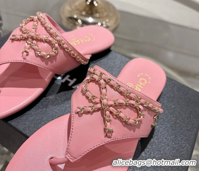 Discount Chanel Lambskin Leather Flat Slides Sandal with Chain Bow Pink 2025 CH090110