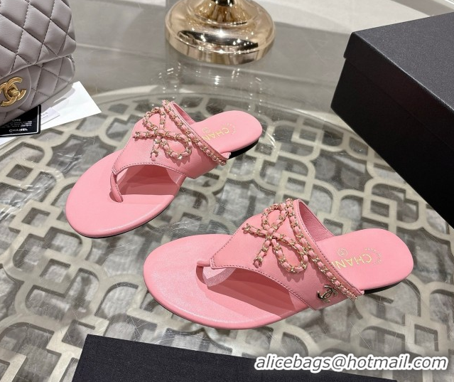 Discount Chanel Lambskin Leather Flat Slides Sandal with Chain Bow Pink 2025 CH090110