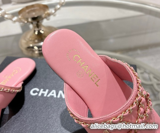 Discount Chanel Lambskin Leather Flat Slides Sandal with Chain Bow Pink 2025 CH090110