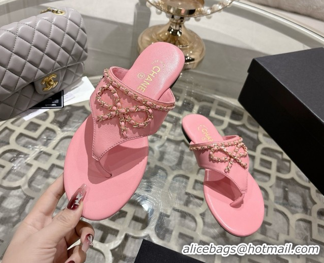 Discount Chanel Lambskin Leather Flat Slides Sandal with Chain Bow Pink 2025 CH090110
