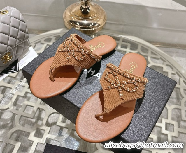 Popular Style Chanel Corduroy Flat Slides Sandal with Chain Bow Brown 2025 CH090110