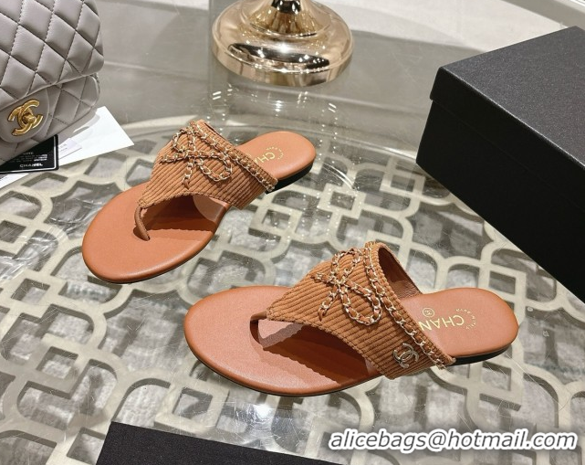 Popular Style Chanel Corduroy Flat Slides Sandal with Chain Bow Brown 2025 CH090110