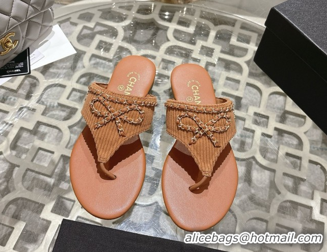 Popular Style Chanel Corduroy Flat Slides Sandal with Chain Bow Brown 2025 CH090110
