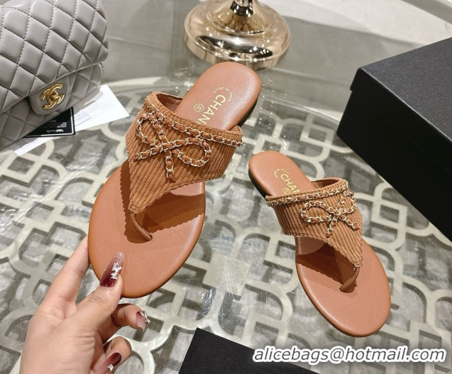 Popular Style Chanel Corduroy Flat Slides Sandal with Chain Bow Brown 2025 CH090110