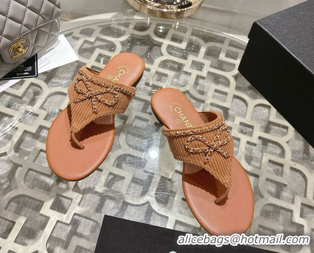 Popular Style Chanel Corduroy Flat Slides Sandal with Chain Bow Brown 2025 CH090110
