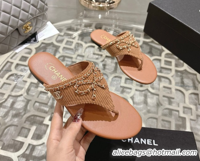 Popular Style Chanel Corduroy Flat Slides Sandal with Chain Bow Brown 2025 CH090110