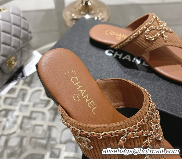 Popular Style Chanel Corduroy Flat Slides Sandal with Chain Bow Brown 2025 CH090110