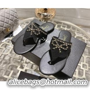 Grade Chanel Corduroy Flat Slides Sandal with Chain Bow Black 2025 CH090110
