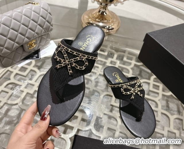 Grade Chanel Corduroy Flat Slides Sandal with Chain Bow Black 2025 CH090110