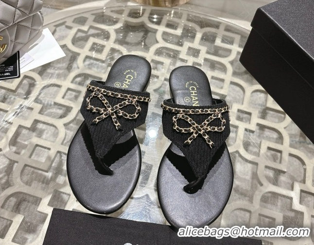 Grade Chanel Corduroy Flat Slides Sandal with Chain Bow Black 2025 CH090110