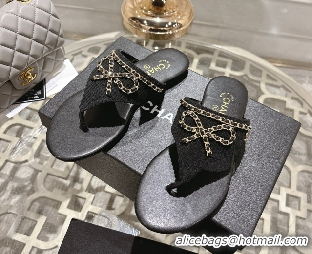Grade Chanel Corduroy Flat Slides Sandal with Chain Bow Black 2025 CH090110
