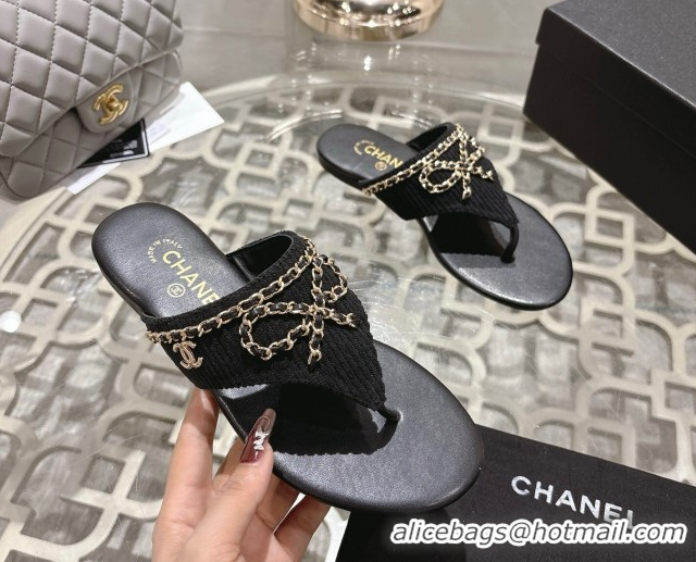 Grade Chanel Corduroy Flat Slides Sandal with Chain Bow Black 2025 CH090110