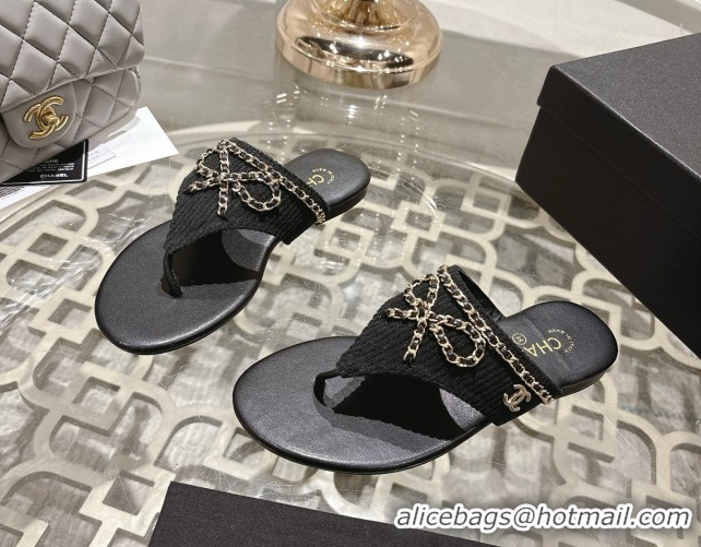 Grade Chanel Corduroy Flat Slides Sandal with Chain Bow Black 2025 CH090110
