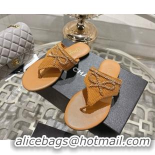 Buy Luxury Chanel Corduroy Flat Slides Sandal with Chain Bow Beige 2025 CH090110