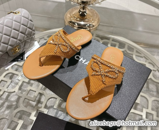 Buy Luxury Chanel Corduroy Flat Slides Sandal with Chain Bow Beige 2025 CH090110