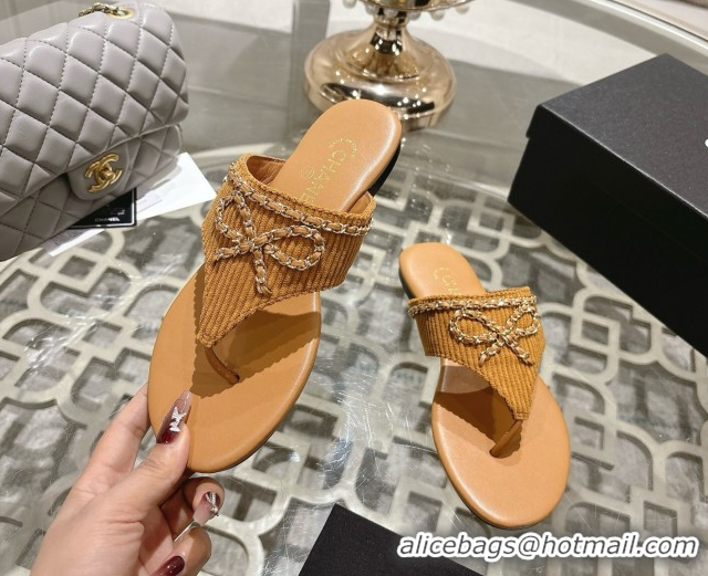 Buy Luxury Chanel Corduroy Flat Slides Sandal with Chain Bow Beige 2025 CH090110