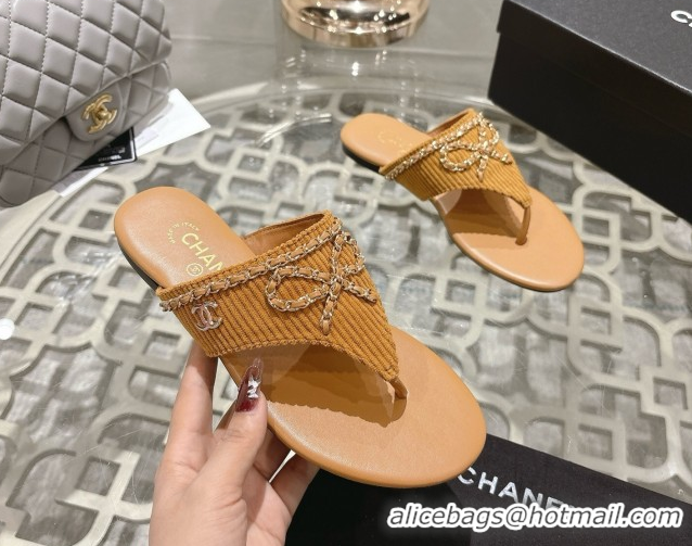 Buy Luxury Chanel Corduroy Flat Slides Sandal with Chain Bow Beige 2025 CH090110